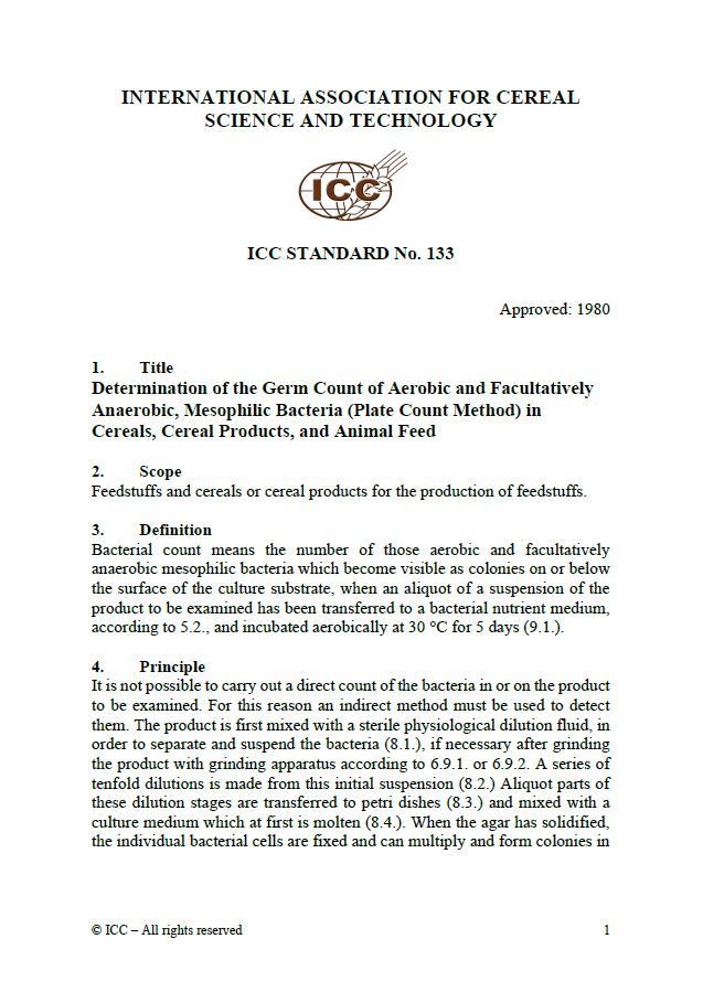 133 Determination of the Germ Count of Aerobic and Facultatively Anaerobic, Mesophilic Bacteria (Plate Count Method) in Cereals, Cereal Products and Animal Feed [PDF]