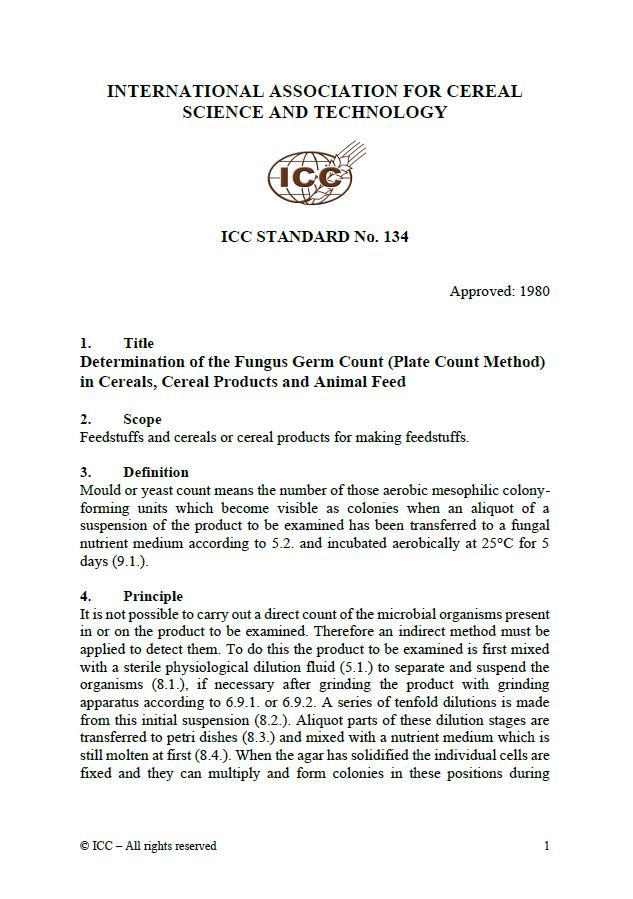 134 Determination of the Fungus Germ Count (Plate Count Method) in Cereals, Cereal Products and Animal Feed [PDF]