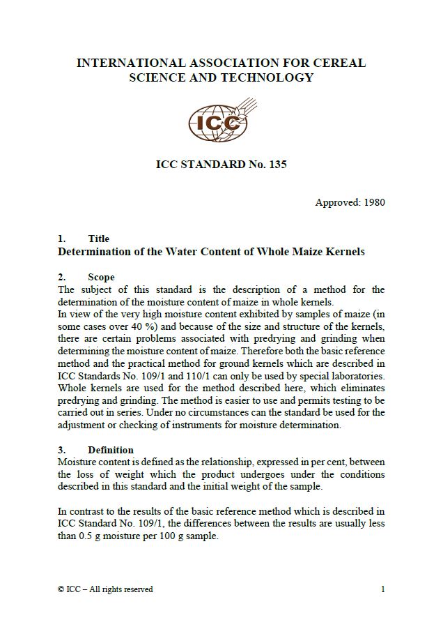 135 Determination of the Water Content of Whole Maize Kernels [Print]