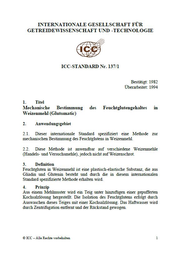 137/1 Mechanische Bestimmung des Feuchtglutengehaltes in Weizenmehl (Glutomatic) [PDF]