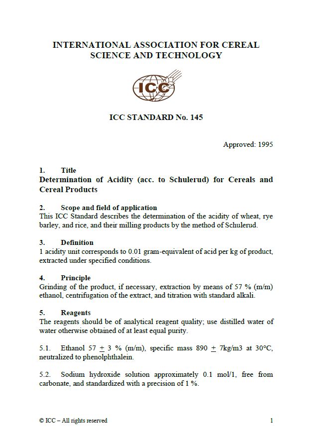 145 Determination of Acidity (acc. to Schulerud) for Cereals and Cereal Products [PDF]