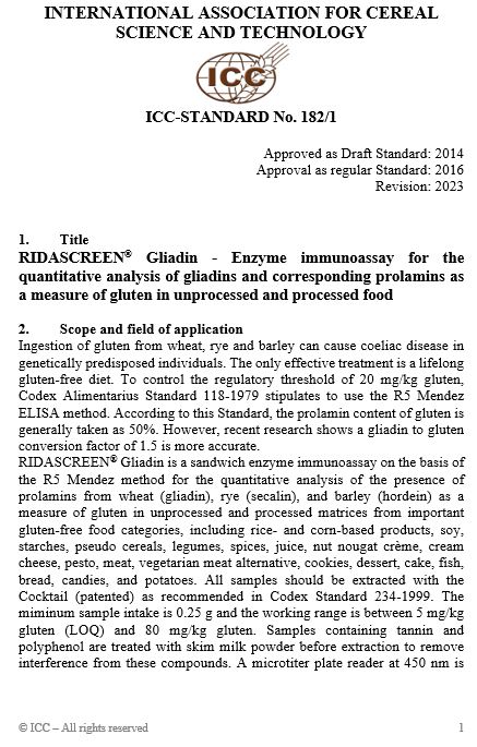 182/1 RIDASCREEN ® Gliadin – Enzyme Immunoassay for the Quantitative Analysis of Gliadins and Corresponding Prolamines as a Measure of Gluten in Unprocessed and Processed Foods [Print]
