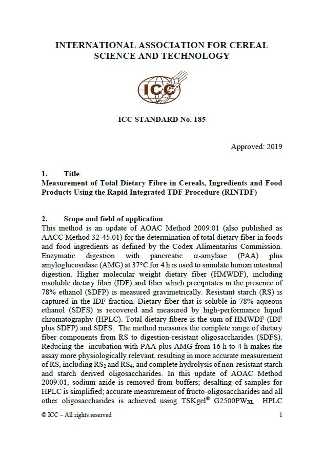 185 Measurement of Total Dietary Fibre in Cereals, Ingredients and Food Products Using the Rapid Integrated TDF Procedure (RINTDF) [Print]