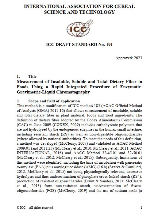 191 Measurement of Insoluble, Soluble and Total Dietary Fiber in Foods Using a Rapid Integrated Procedure of Enzymatic-Gravimetric-Liquid Chromatography (DRAFT 2023)  [Print]